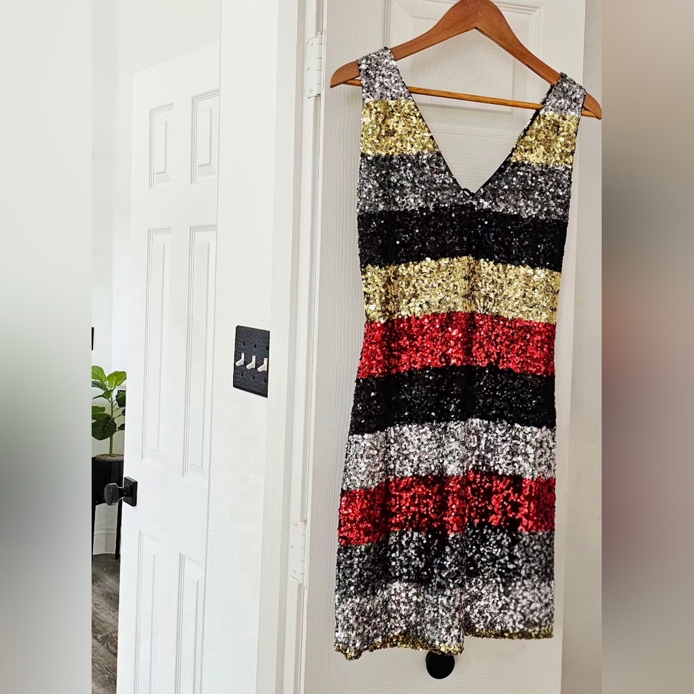 Black/Gold/Red/Silver Striped Sequin Mini Dress - Picture 2 of 5